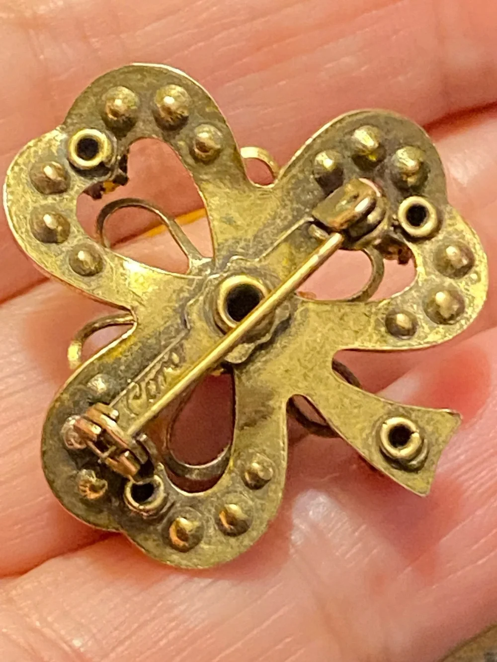 Vintage Gold Tone Coro Brooch 3-Leaf Clover Amber/ Topas Rhinestones Faux Pearls